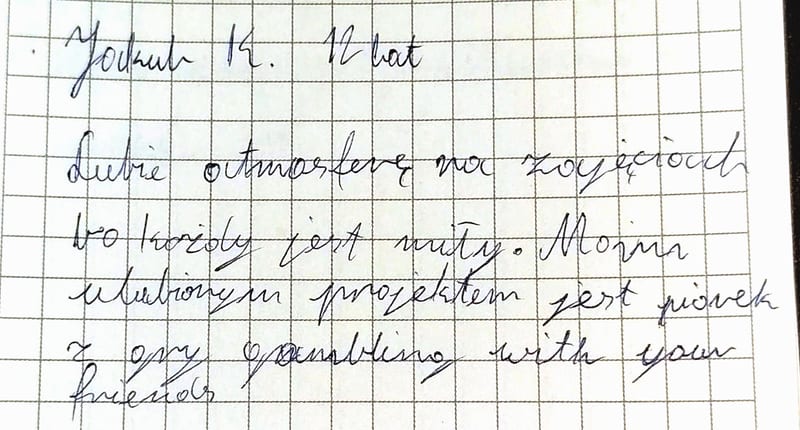 Ręcznie pisana karteczka z opinią o zajęciach, podpis: Jakub K. 12 lat