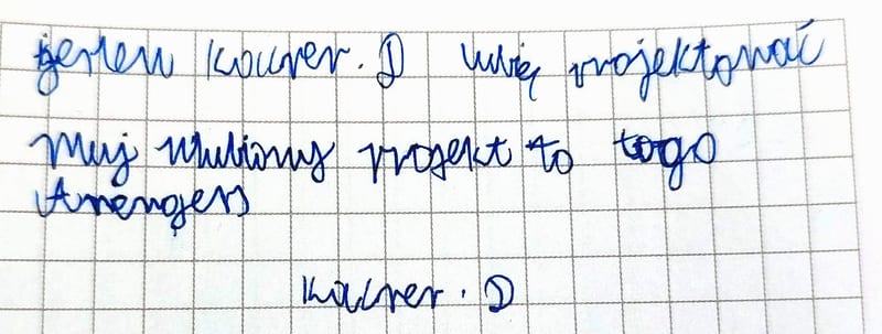 Ręcznie pisana karteczka z opinią o zajęciach, podpis: Kacper. D