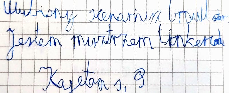 Ręcznie pisana karteczka z opinią o zajęciach, podpis: Kajetan S, 9