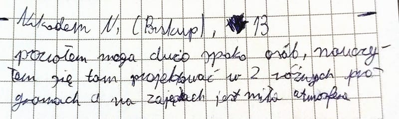Ręcznie pisana karteczka z opinią o zajęciach, podpis: Nikodem N, (Biskup), 13