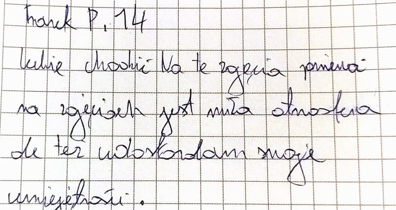Ręcznie pisana karteczka z opinią o zajęciach, podpis: [?] P, 14