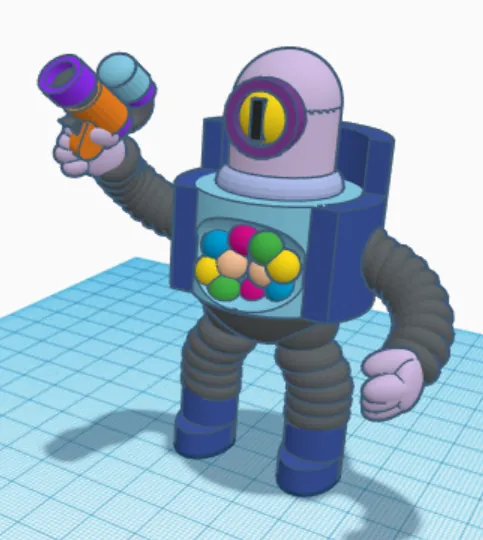 Model robota z kolorowymi kulkami w tułowiu w Tinkercadzie