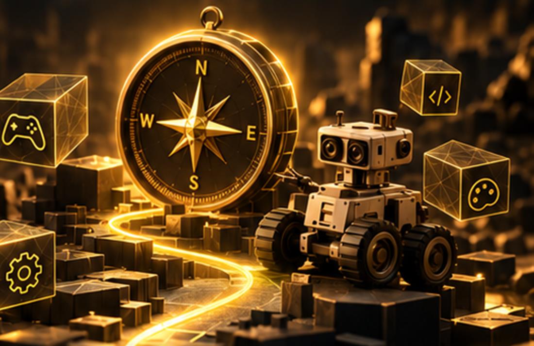 Konzeptbild: ein Roboter und ein Kompass in goldener Szenerie